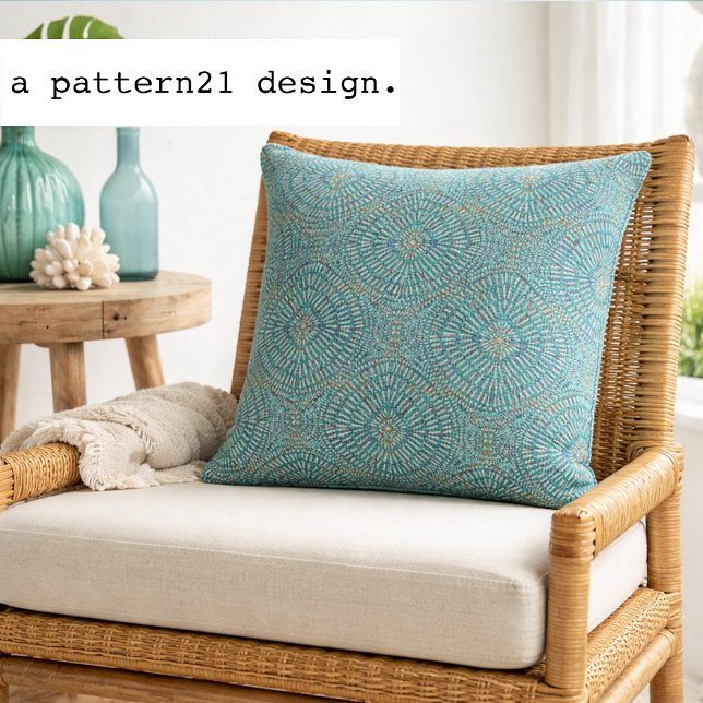 Bohemian blues pattern kissen (Teal mandala pillow brings relaxed island boho style to bright coastal living spaces.)