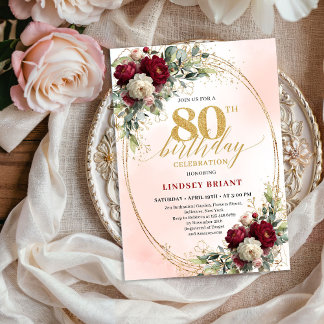 Bohemian Blush Burgundy Flowers 80th Birthday  Einladung