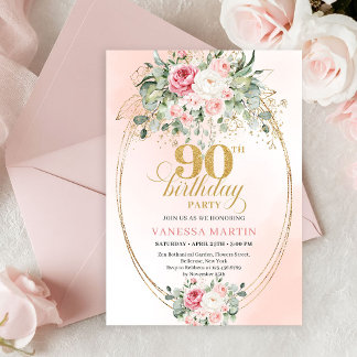 Bohemian Blush Floral Gold Grün 90. Geburtstag Einladung