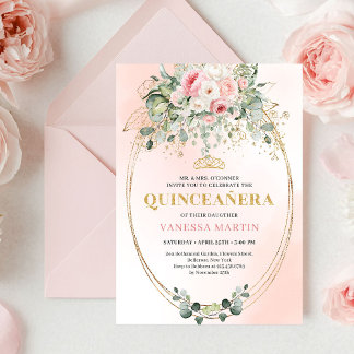 Bohemian Blush Pink Floral Quinceañera Invitation Einladung