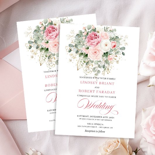 Bohemian Blush Roses Gold Frame Wedding Invitation Einladung