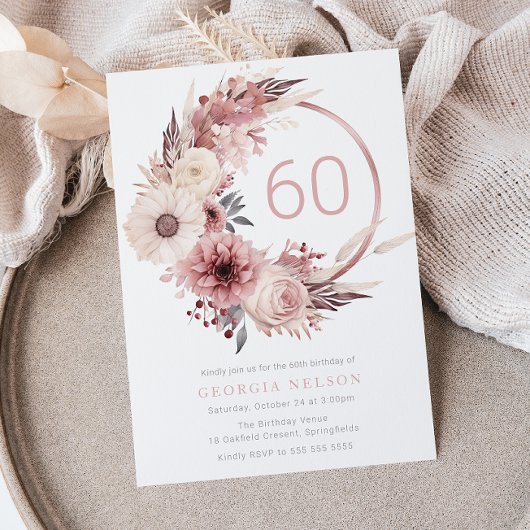 Bohemian Blush Wreath 60th Birthday Party Einladung