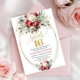 Bohemian Burgund Blush Floral Gold Sweet Sixteen Einladung