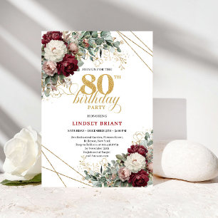 Bohemian Burgund Gold Floral 80. Geburtstag Einladung