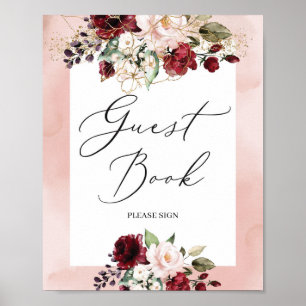Bohemian burgunderrosa goldenes florales Gästebuch