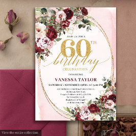 Bohemian Burgundy Gold Floral 60th Birthday Invite Einladung
