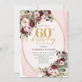 Bohemian Burgundy Gold Floral 60th Birthday Invite Einladung (Vorderseite)