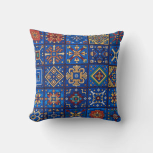 Bohemian Cobalt Blau Folk Art Geometrische Motive Kissen