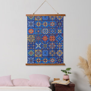 Bohemian Cobalt Blau Folk Art Geometrische Motive Wandteppich Mit Holzrahmen