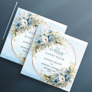 Bohemian Dusty Blue Blumen Gold Glitter Hochzeit  Gästebuch