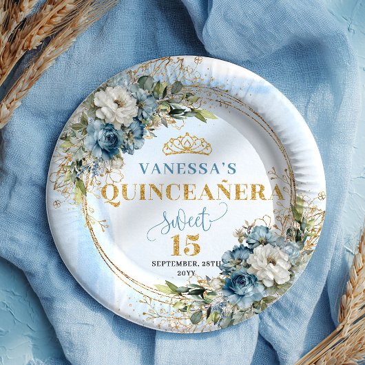 Bohemian Dusty Blue Floral Gold Quince Plates Pappteller