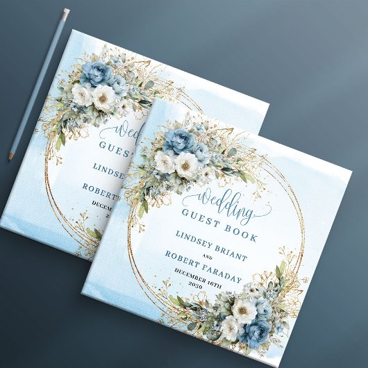Bohemian Dusty Blue Floral Gold Wedding Guest Book Gästebuch