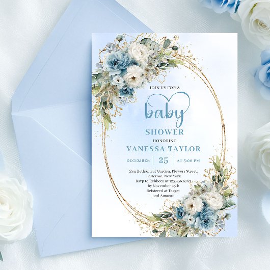 Bohemian Dusty Blue Floral Greenery Baby Shower  Einladung