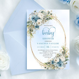 Bohemian Dusty Blue Florales Grünzeug Baby Shower  Einladung