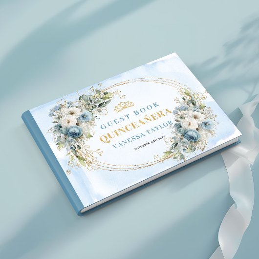 Bohemian Dusty Blue Gold Floral Greenery Guestbook Gästebuch