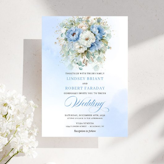 Bohemian Dusty Blue White Peony Wedding Invitation Einladung
