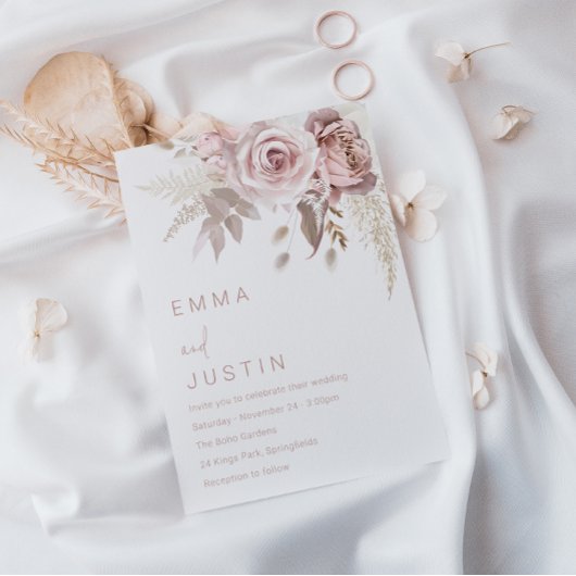 Bohemian Dusty Rose Blush Floral Wedding Einladung