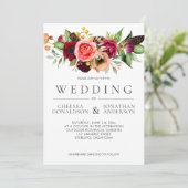 Bohemian Floral Burgundy Feather Wedding | Ankündigung (Stehend Vorderseite)