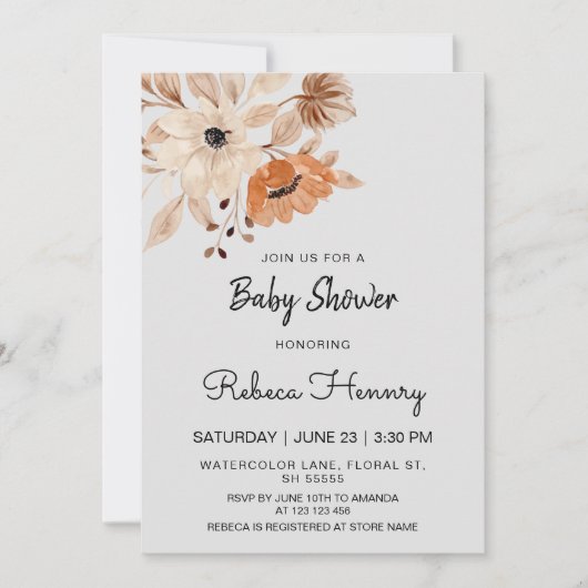 bohemian flower minimalistic baby shower editable einladung (Vorderseite)
