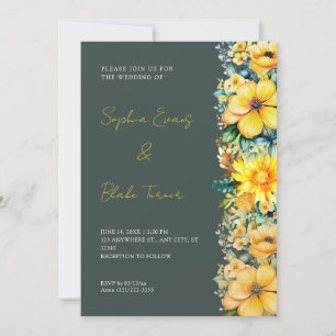Bohemian Gelbe Blumige Dunkelgrüne Hochzeit Einladung