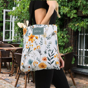 Bohemian Grau, Salbei & Gold Blumenmonogramm Tasche
