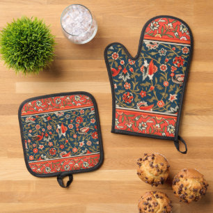 Bohemian Indisch-Persisches Blumenmuster Vintage R Ofenhandschuh & Topflappen-Set