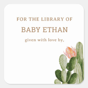 Bohemian Kaktus Baby Shower Buch Bibliothek Quadratischer Aufkleber