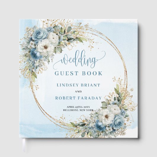 Bohemian Light Blue Floral Gold Glitter Guest Book Gästebuch (Vorderseite)
