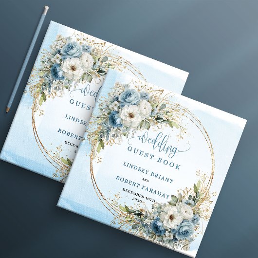 Bohemian Light Blue Floral Gold Glitter Guest Book Gästebuch