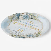 Bohemian Light Blue Florale Grüne Gold Glitter Pappteller (Schrägansicht)