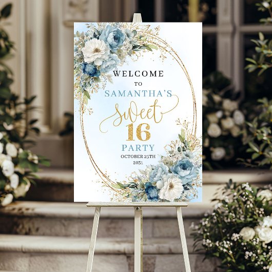 Bohemian Light Blue Florales Sweet 16 Willkommenss Poster