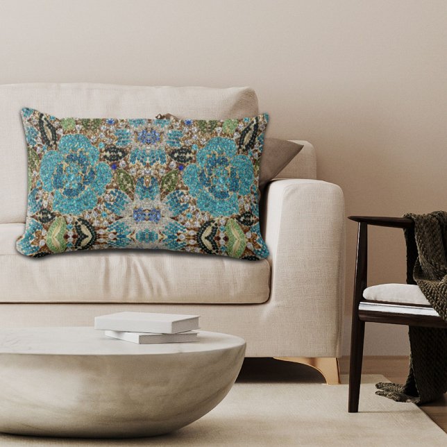 bohemian mädchenhafte silberne türkisblaue Blume Lendenkissen (bohemian girly chic silver turquoise blue flower lumbar pillow)