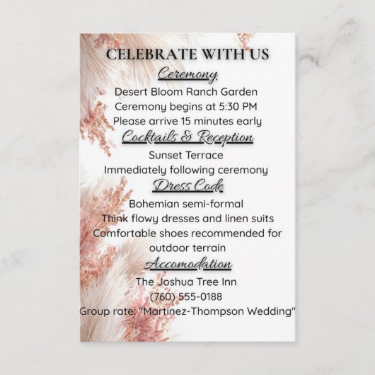 Bohemian pampas grass wedding details card begleitkarte (Vorderseite)