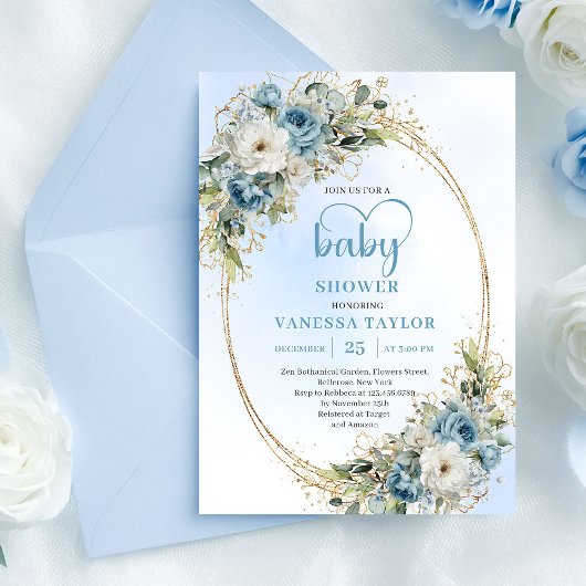 Bohemian Pastel Blue Floral Baby Shower Invitation Einladung