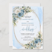 Bohemian Pastel Blue Floral Gold Wedding Invite Einladung (Vorderseite)