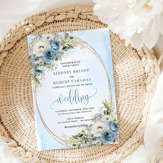 Bohemian Pastel Blue Floral Gold Wedding Invite Einladung
