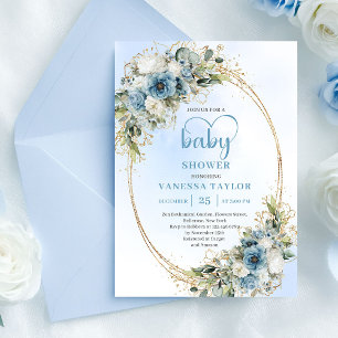 Bohemian Pastell Blau Florale Grüne Babyparty  Einladung