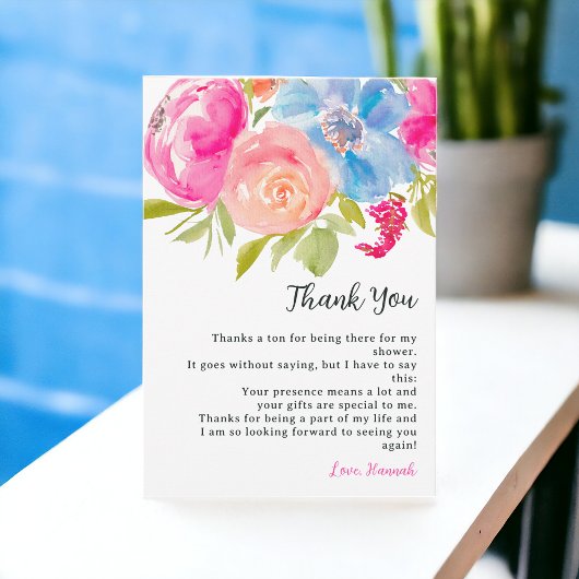 Bohemian pink blue floral watercolor bridal shower dankeskarte