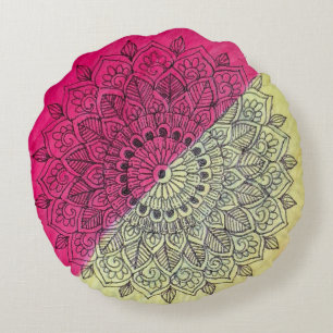 Bohemian-Rosa- und Gelbe-Mandala-Rund-Kissenhülle Rundes Kissen