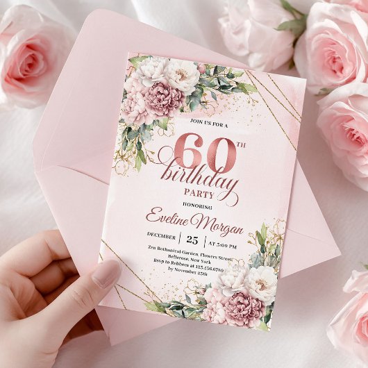 Bohemian Rose Gold Floral Greenery 60th Birthday Einladung