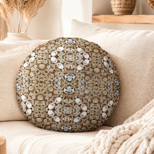 bohemian Vintage Mode Silber schwarz und Gold Rundes Kissen