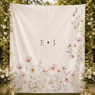 Bohemian Wildflowers Monogram Hochzeitskulisse Wandteppich