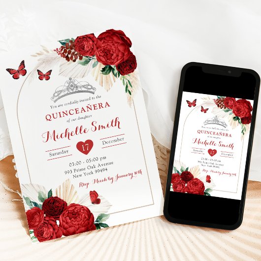 Bohemisch Arch Rote Rosen Royal Quinceañera Einladung