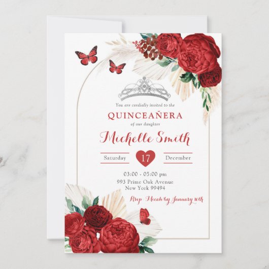 Bohemisch Arch Rote Rosen Royal Quinceañera Einladung (Vorderseite)