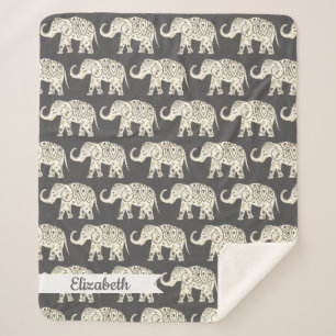 Bohemisch Beige Lotus Elephants & Name in Script Sherpadecke