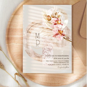 Bohemisch Beige Pink Monogram Pampas Wedding B Einladung