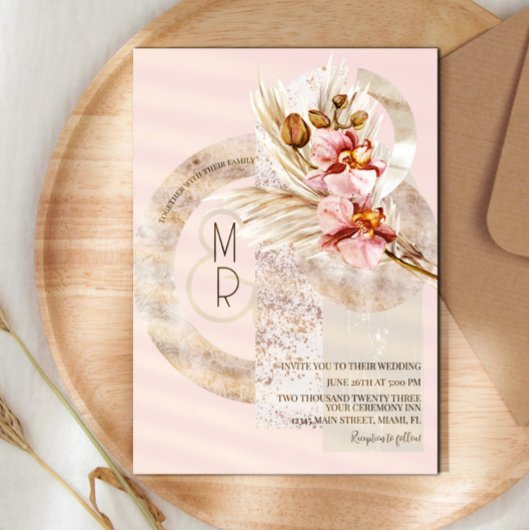 Bohemisch Beige Pink Monogram Pampas Wedding Einladung