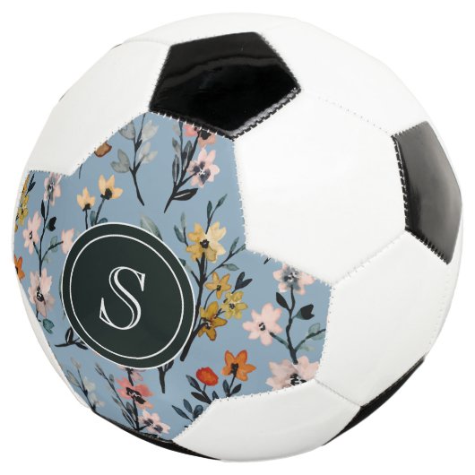 Bohemisch Blau-Farbe Blumen Mit Monogramm Fußball (Dreiviertel)