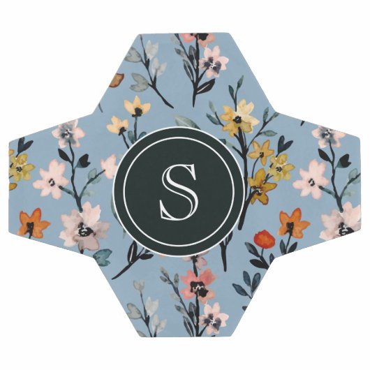 Bohemisch Blau-Farbe Blumen Mit Monogramm Fußball (Flach)