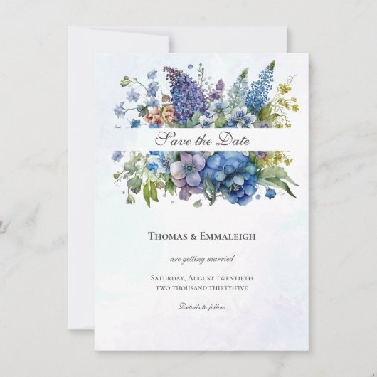 Bohemisch blauviolette Wasserfarbe Save the Date (Vorderseite)